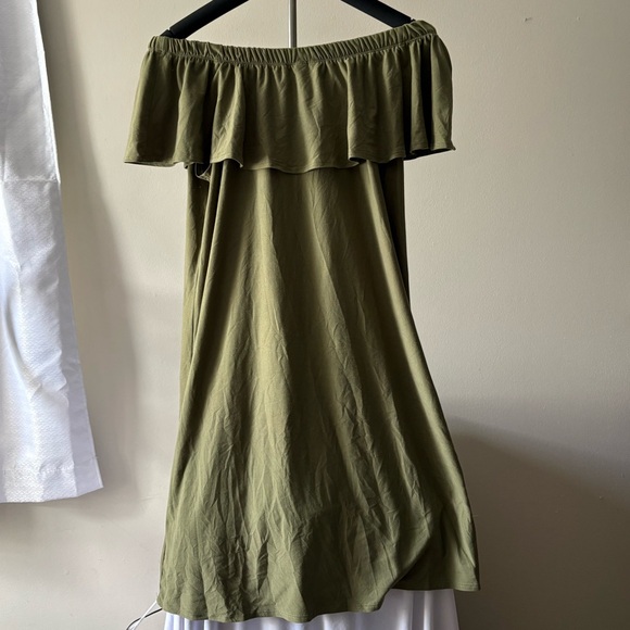 Feathers Off Shoulder Olive Green Dress - Picture 2 of 3